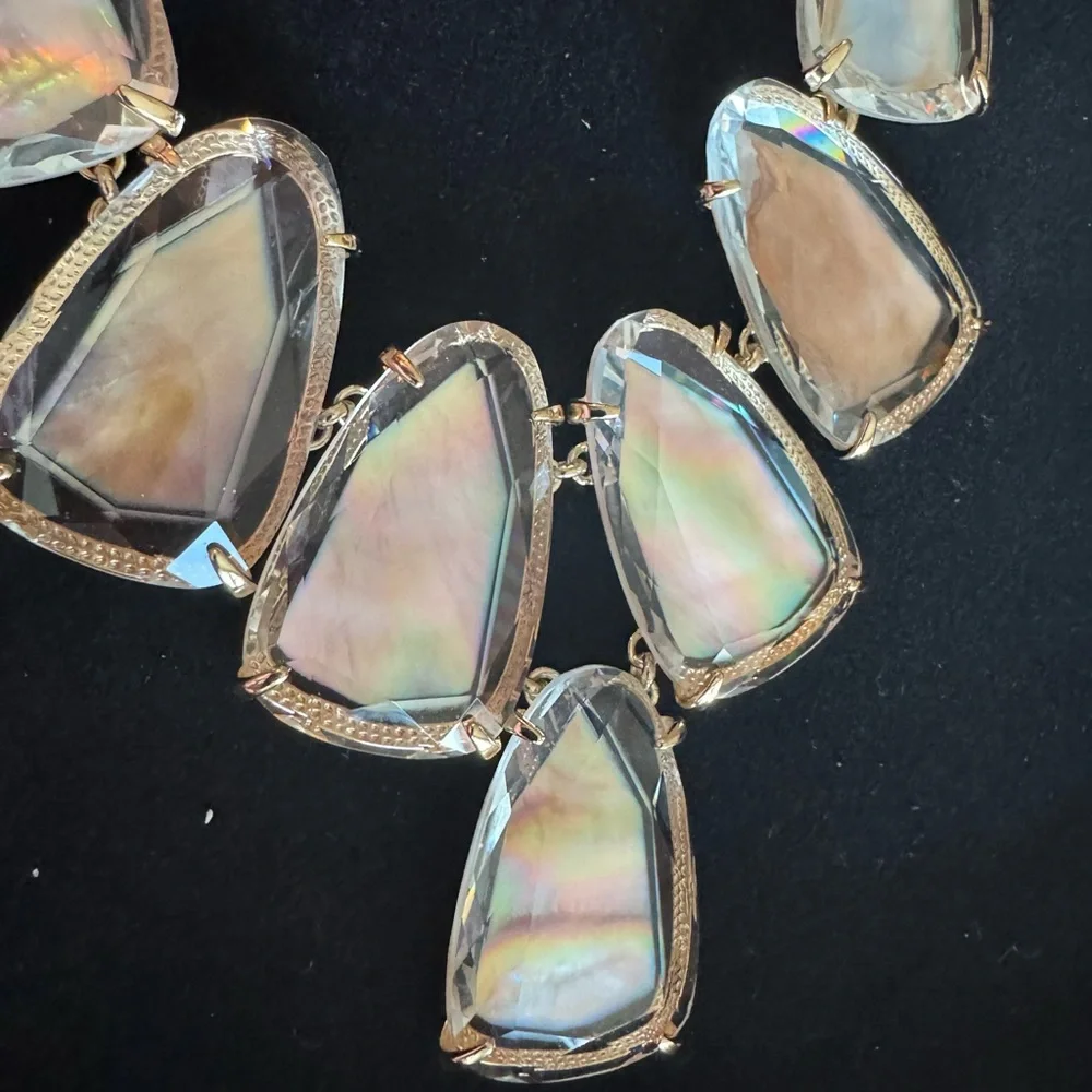 Elegant Gold and Beige Mother Pearl Iridescent Bib Necklace and Earring Set - Picture 6 of 8